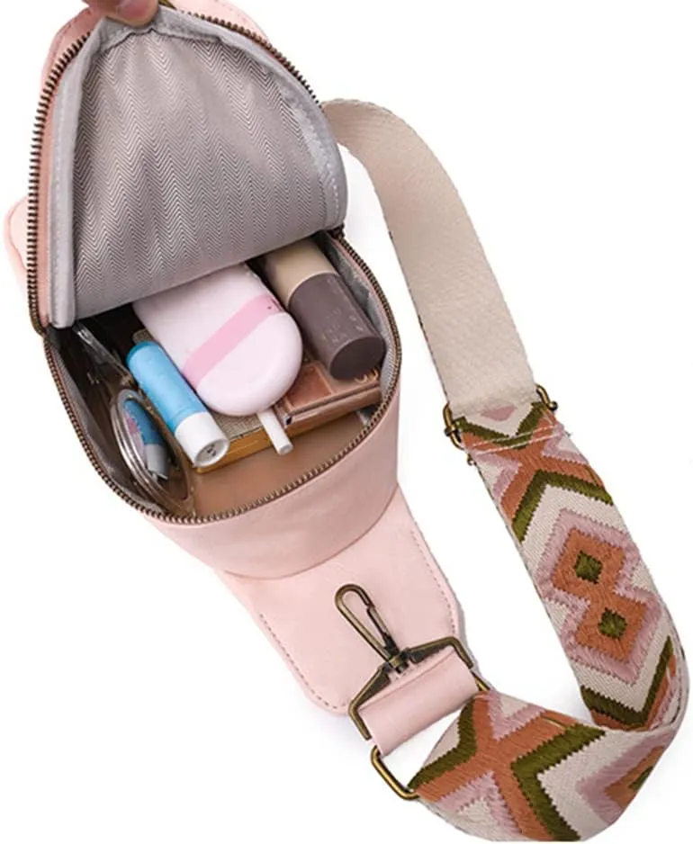 Women Sling Crossbody Fashion Chest Bag Embroidery Jacquard Strap Bohemian Style PU Leather Purses for Daily Outings