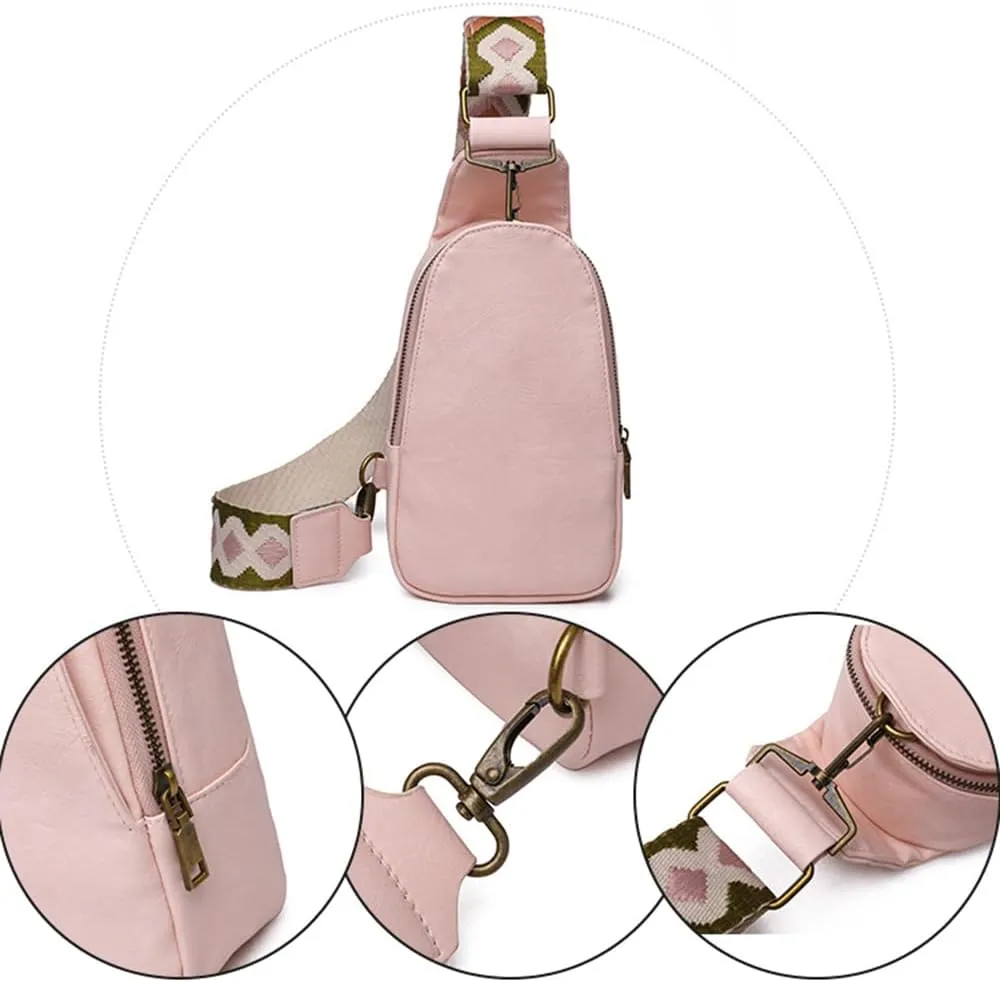 Women Sling Crossbody Fashion Chest Bag Embroidery Jacquard Strap Bohemian Style PU Leather Purses for Daily Outings
