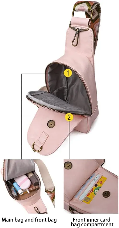 Women Sling Crossbody Fashion Chest Bag Embroidery Jacquard Strap Bohemian Style PU Leather Purses for Daily Outings