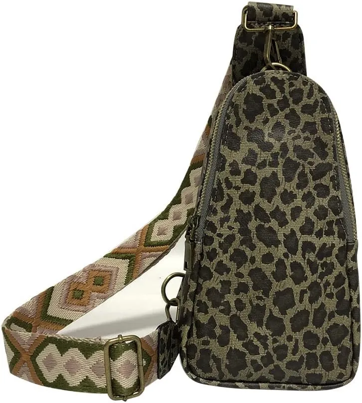 Women Sling Crossbody Fashion Chest Bag Embroidery Jacquard Strap Bohemian Style PU Leather Purses for Daily Outings