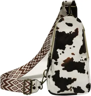 Women Sling Crossbody Fashion Chest Bag Embroidery Jacquard Strap Bohemian Style PU Leather Purses for Daily Outings