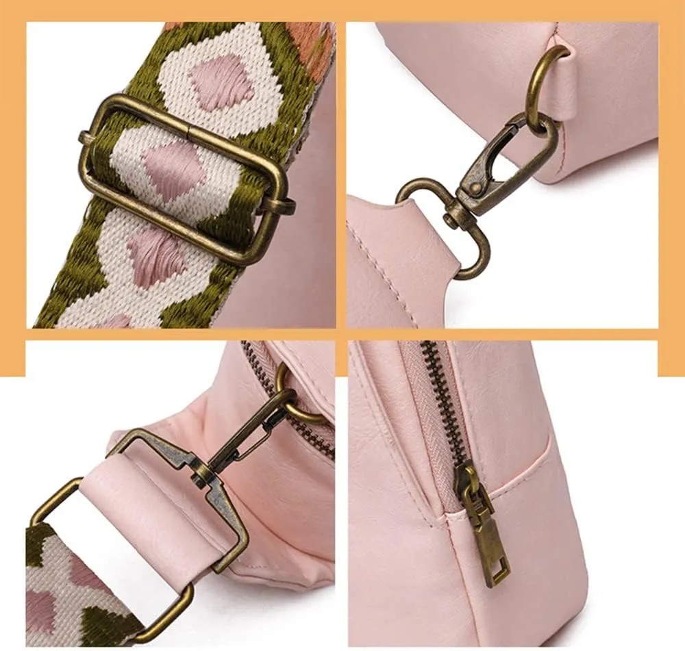 Women Sling Crossbody Fashion Chest Bag Embroidery Jacquard Strap Bohemian Style PU Leather Purses for Daily Outings