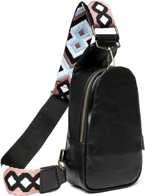 Women Sling Crossbody Fashion Chest Bag Embroidery Jacquard Strap Bohemian Style PU Leather Purses for Daily Outings