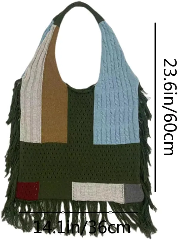 Women Spliced Woven Shoulder Bag Purse Knitted Woolen Yarn Hollowed Out Small Hole Handbag