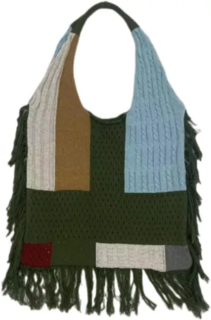 Women Spliced Woven Shoulder Bag Purse Knitted Woolen Yarn Hollowed Out Small Hole Handbag