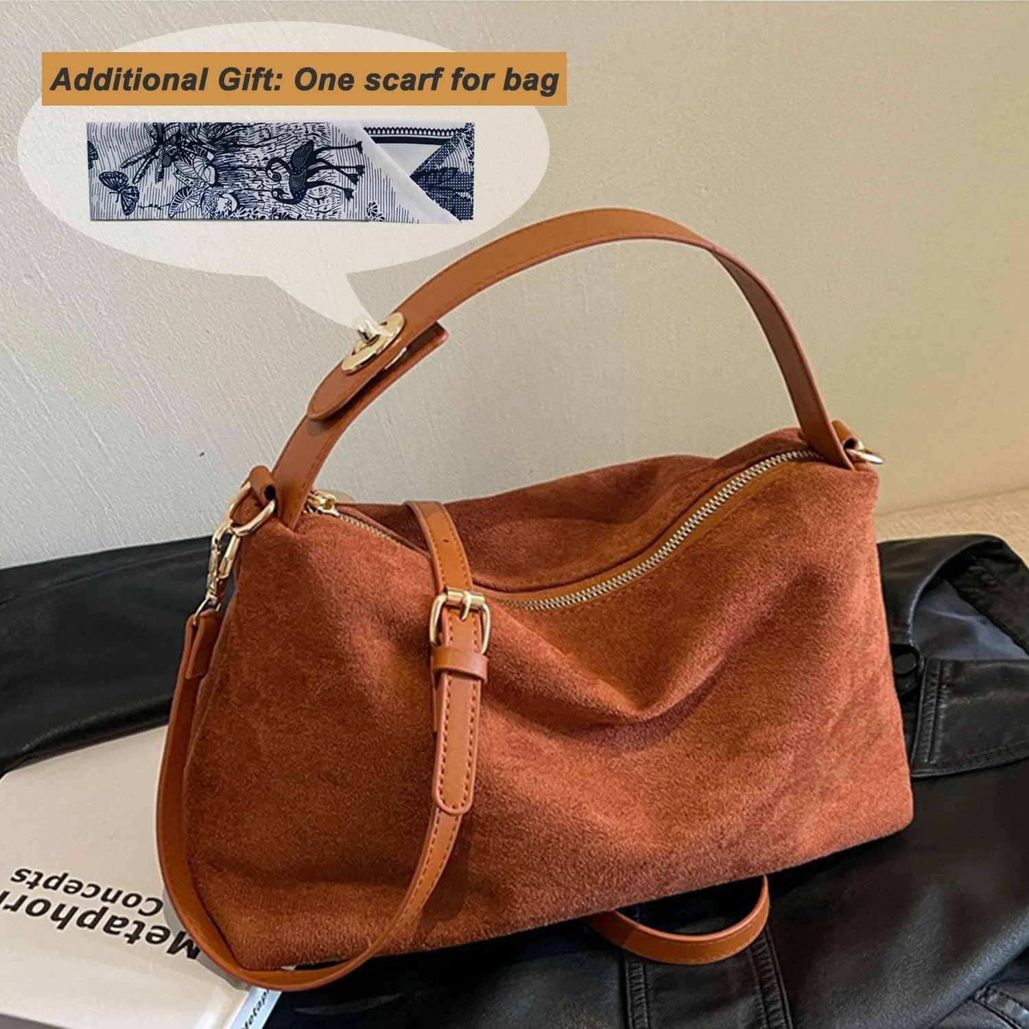 Women Suede Hobo Bags - Vintage Leather Slouchy Shoulder Tote Handbag