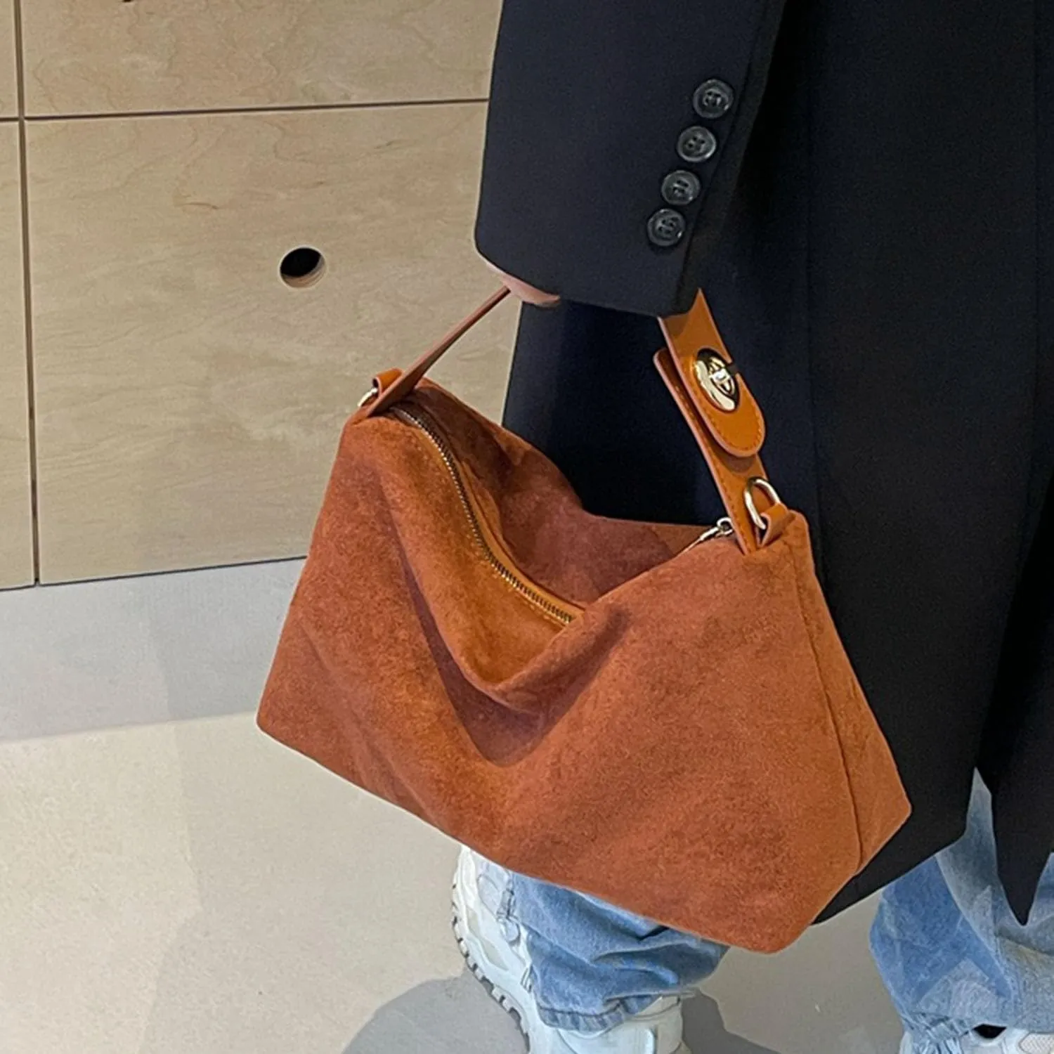 Women Suede Hobo Bags - Vintage Leather Slouchy Shoulder Tote Handbag