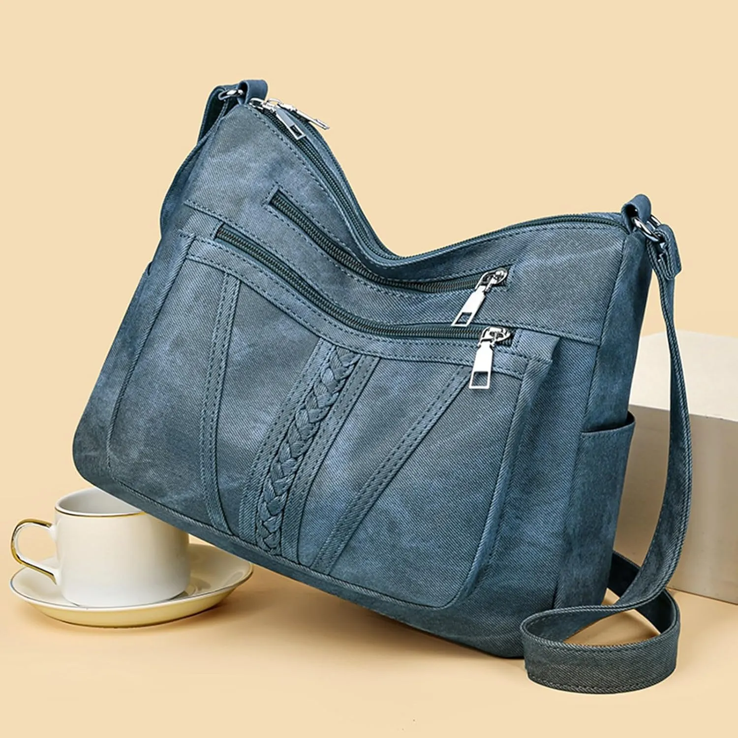 Women Tote Bag Handbags Pu Leather Fashion Hobo Shoulder Bags with Adjustable Shoulder Strap Blue