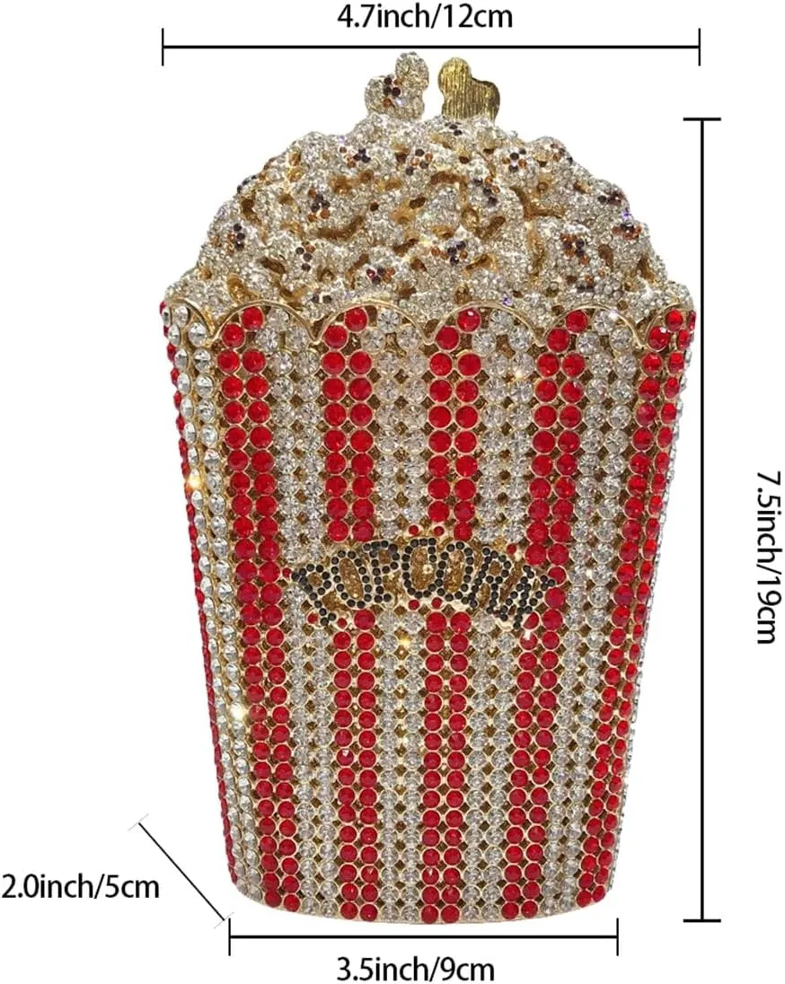 Women Unique Popcorn Crystal Evening Bag Novelty Rhinestone Clutch Purse for Dinner Cinema Halloween