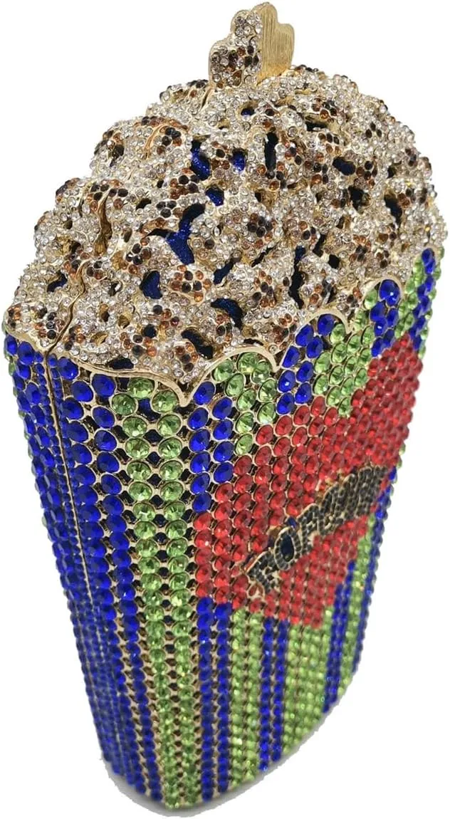 Women Unique Popcorn Crystal Evening Bag Novelty Rhinestone Clutch Purse for Dinner Cinema Halloween