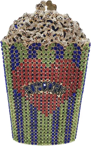 Women Unique Popcorn Crystal Evening Bag Novelty Rhinestone Clutch Purse for Dinner Cinema Halloween