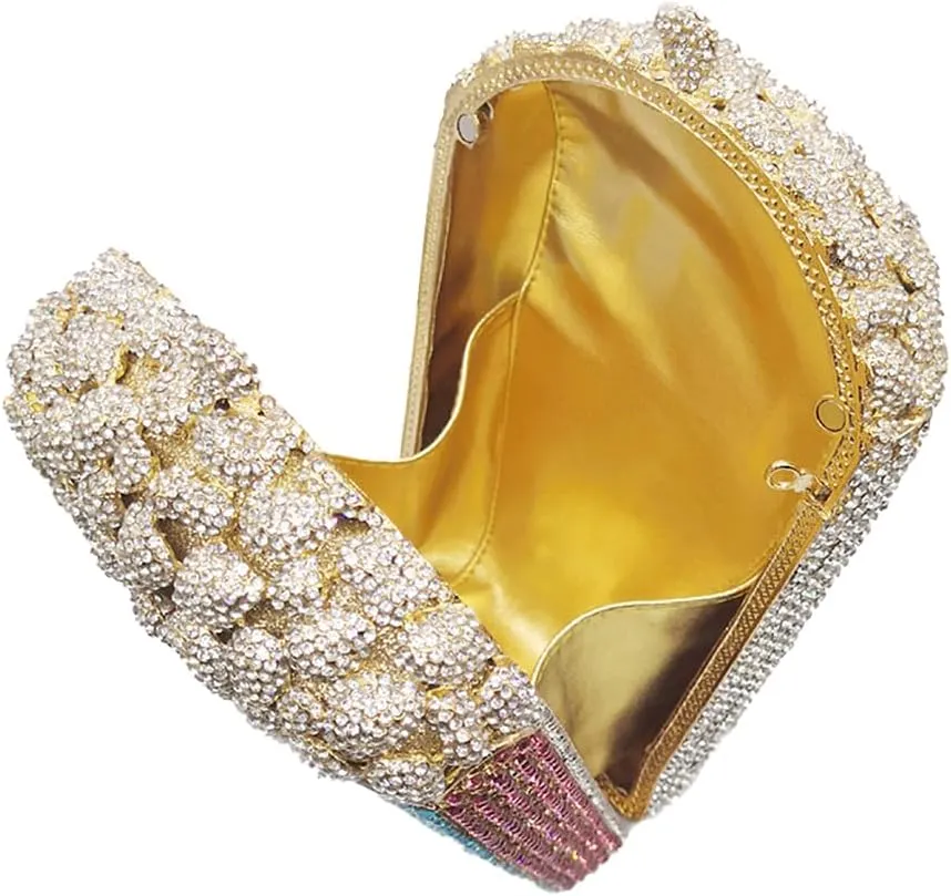 Women Unique Popcorn Crystal Evening Bag Novelty Rhinestone Clutch Purse for Dinner Cinema Halloween