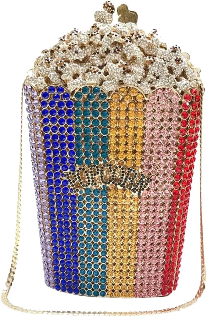 Women Unique Popcorn Crystal Evening Bag Novelty Rhinestone Clutch Purse for Dinner Cinema Halloween