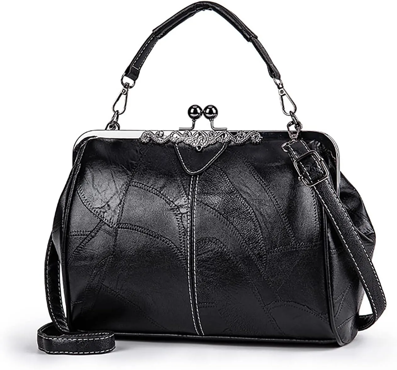 Women Vintage Hollow Handbag Oil Leather Shoulder Crossbody Bag Clutch Satchel Purse with Kiss Lock Closure