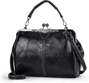 Women Vintage Hollow Handbag Oil Leather Shoulder Crossbody Bag Clutch Satchel Purse with Kiss Lock Closure