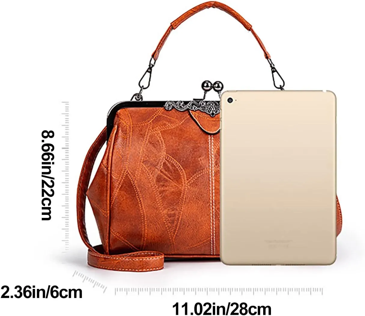 Women Vintage Hollow Handbag Oil Leather Shoulder Crossbody Bag Clutch Satchel Purse with Kiss Lock Closure