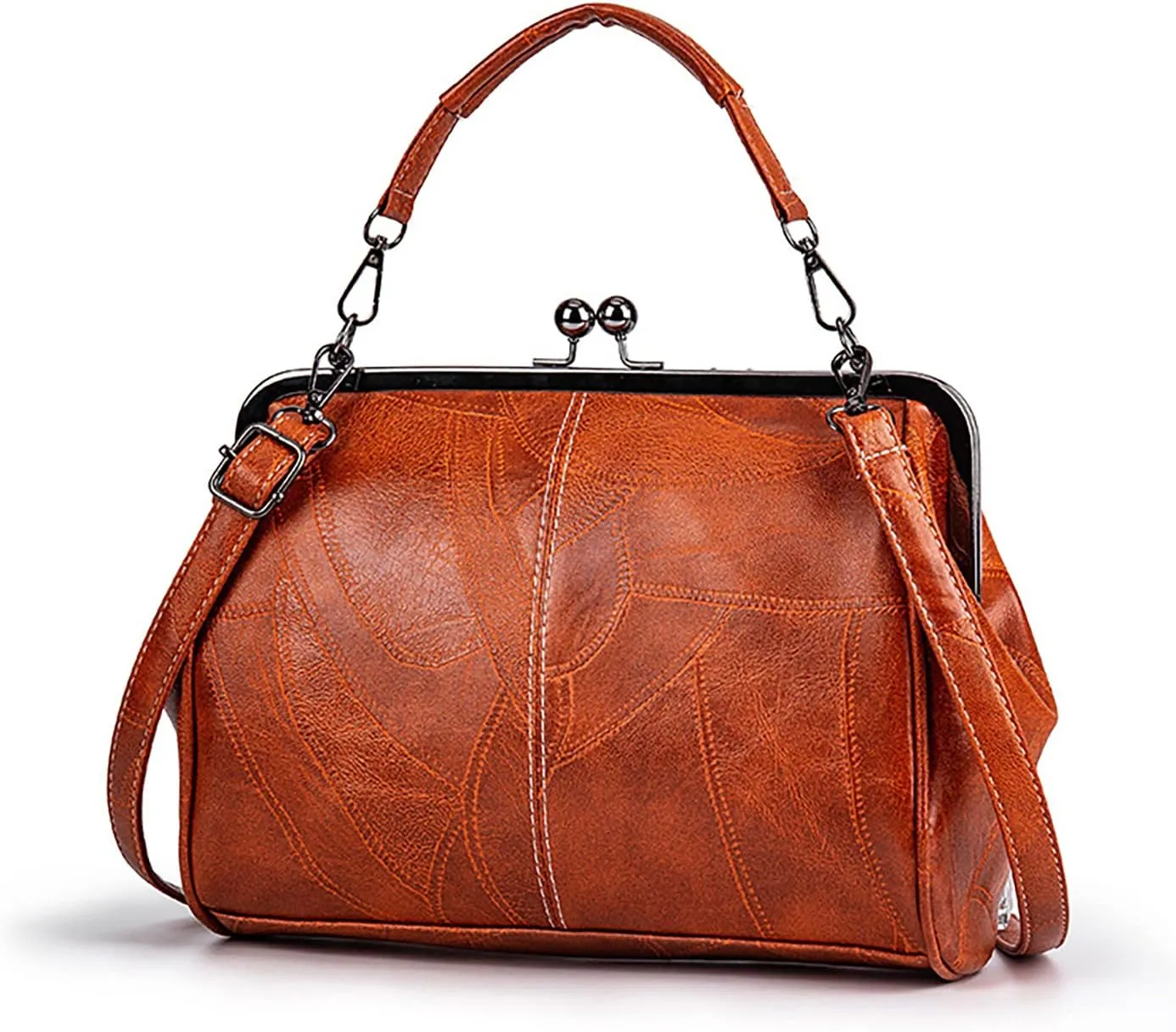 Women Vintage Hollow Handbag Oil Leather Shoulder Crossbody Bag Clutch Satchel Purse with Kiss Lock Closure