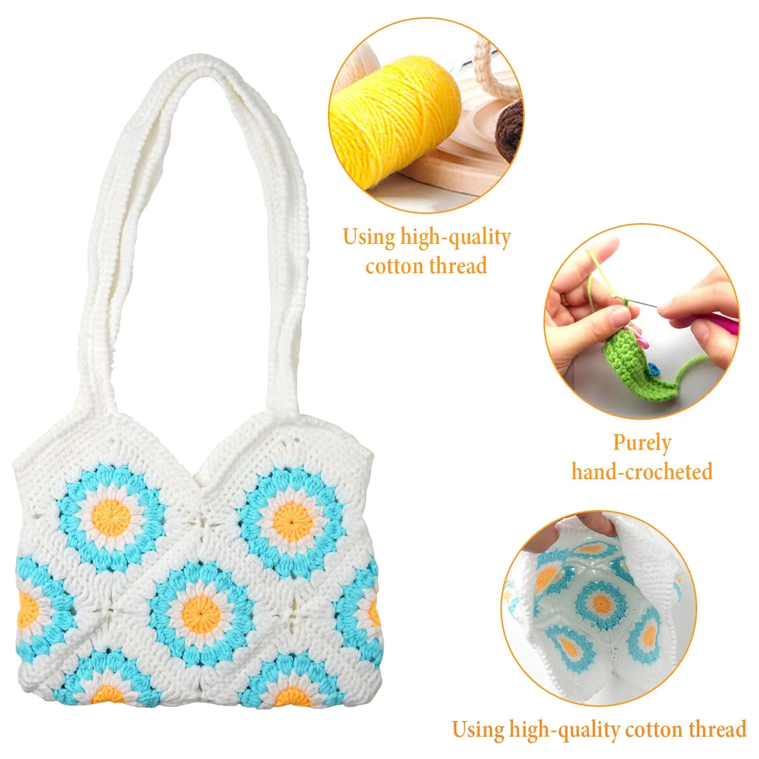 Women's Crochet Bag,Sunflower Crochet Armpit Bag Beach Bag Crochet Crossbody Bag Woven Crochet Daisy Tote Bag Large Tote Bag Knit Purse Beach Purse for Women Vacation (Blue)