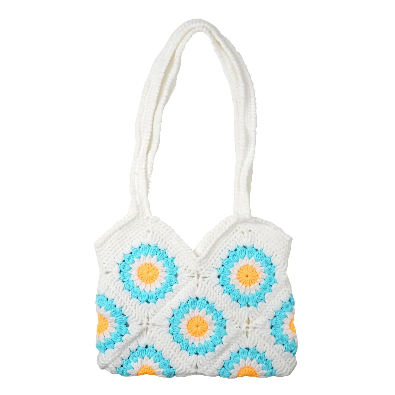 Women's Crochet Bag,Sunflower Crochet Armpit Bag Beach Bag Crochet Crossbody Bag Woven Crochet Daisy Tote Bag Large Tote Bag Knit Purse Beach Purse for Women Vacation (Blue)