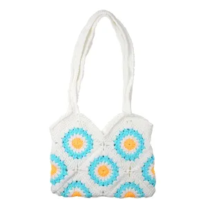 Women's Crochet Bag,Sunflower Crochet Armpit Bag Beach Bag Crochet Crossbody Bag Woven Crochet Daisy Tote Bag Large Tote Bag Knit Purse Beach Purse for Women Vacation (Blue)