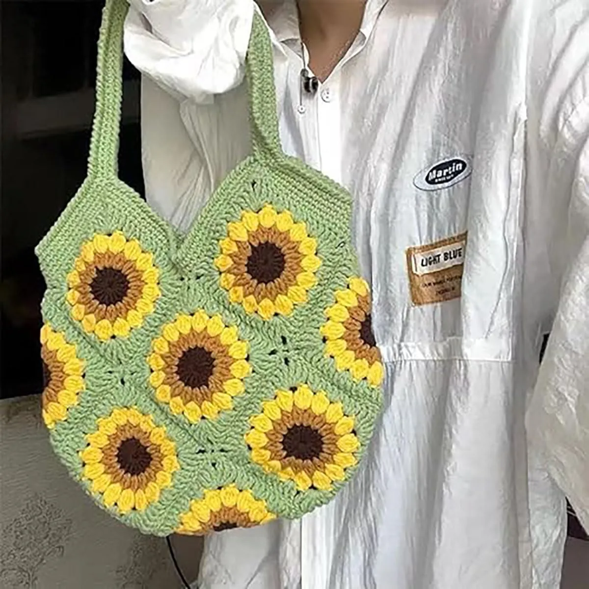 Women's Crochet Bag,Sunflower Crochet Bag Large Tote Bag Woven Crochet Tote Bag Crochet Crossbody Bag Knit Purse Beach Purse for Women Vacation (green)