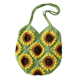 Women's Crochet Bag,Sunflower Crochet Bag Large Tote Bag Woven Crochet Tote Bag Crochet Crossbody Bag Knit Purse Beach Purse for Women Vacation (green)