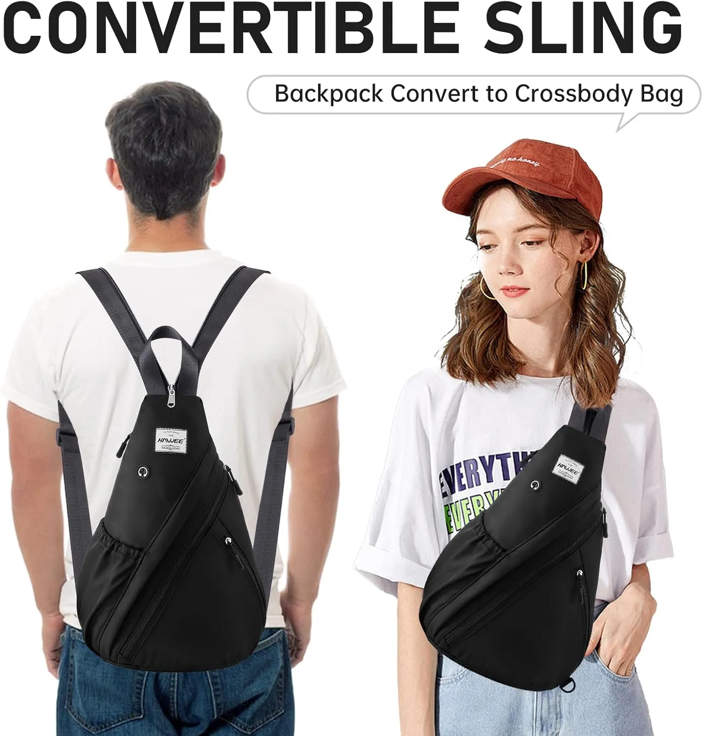 Women's Crossbody Rope Sling Bag - Convertible Chest Bag & Casual Daypack, Water-Resistant Backpack for Travel, Cycling, Hiking, Black