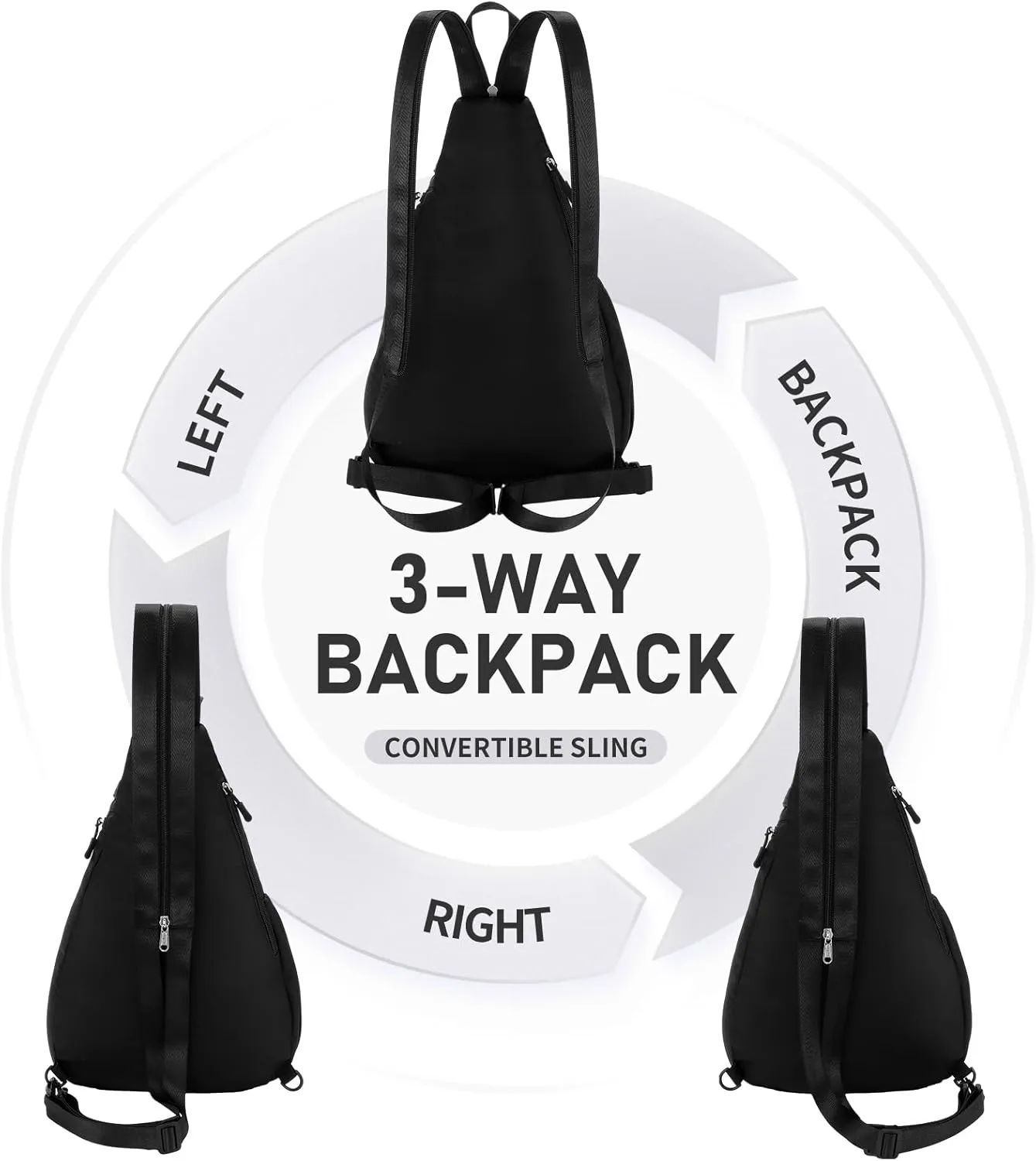Women's Crossbody Rope Sling Bag - Convertible Chest Bag & Casual Daypack, Water-Resistant Backpack for Travel, Cycling, Hiking, Black