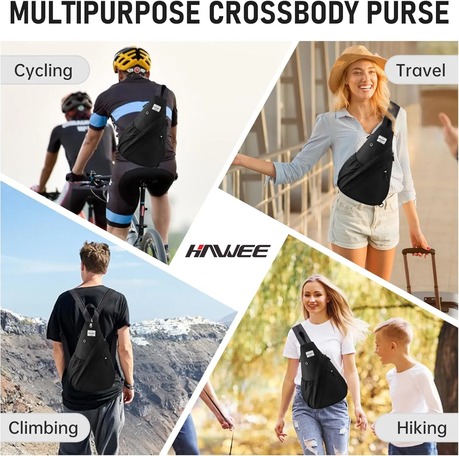 Women's Crossbody Rope Sling Bag - Convertible Chest Bag & Casual Daypack, Water-Resistant Backpack for Travel, Cycling, Hiking, Black