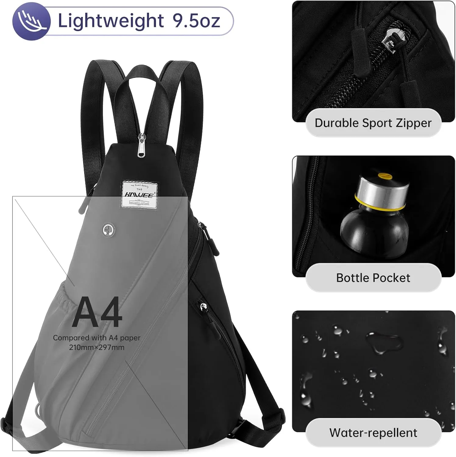 Women's Crossbody Rope Sling Bag - Convertible Chest Bag & Casual Daypack, Water-Resistant Backpack for Travel, Cycling, Hiking, Black