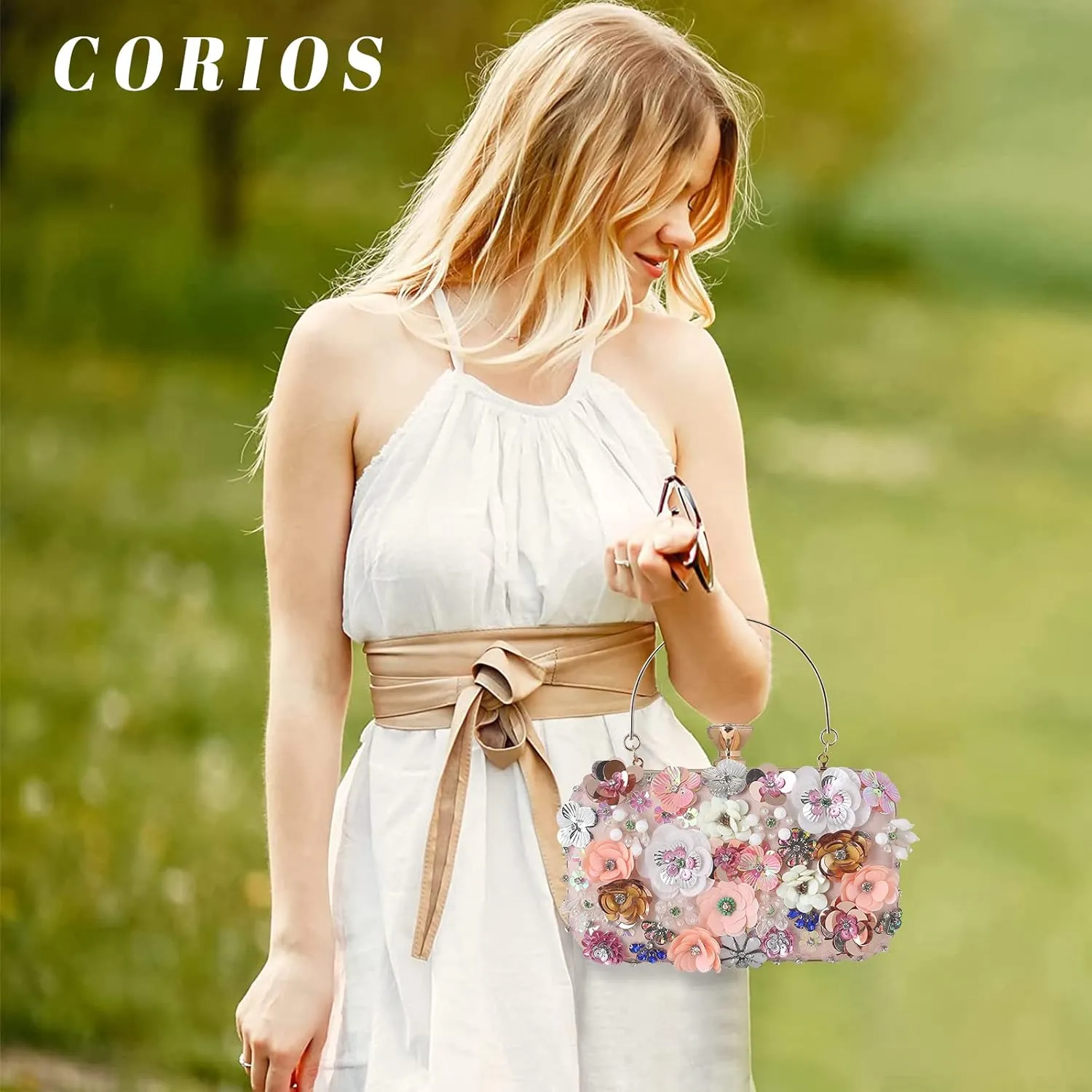 Women's Evening Bag Sequins Floral Handbag Colorful Flower Clutch Purses 3D Sequins Banquet Bag