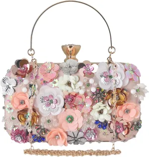 Women's Evening Bag Sequins Floral Handbag Colorful Flower Clutch Purses 3D Sequins Banquet Bag