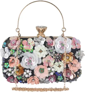 Women's Evening Bag Sequins Floral Handbag Colorful Flower Clutch Purses 3D Sequins Banquet Bag