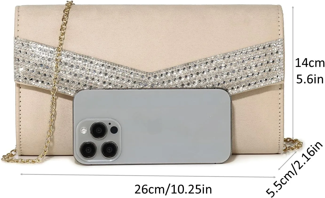 Women's Evening Bags Faux Suede Envelope Clutch Purse Shiny Rhinestone Women Handbags for Wedding Party Prom