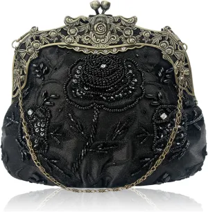 Women's Evening Vintage Beaded Sequin Flower Floral Embroidery Handbags Crossbody Bag for Bridal Wedding Party Prom