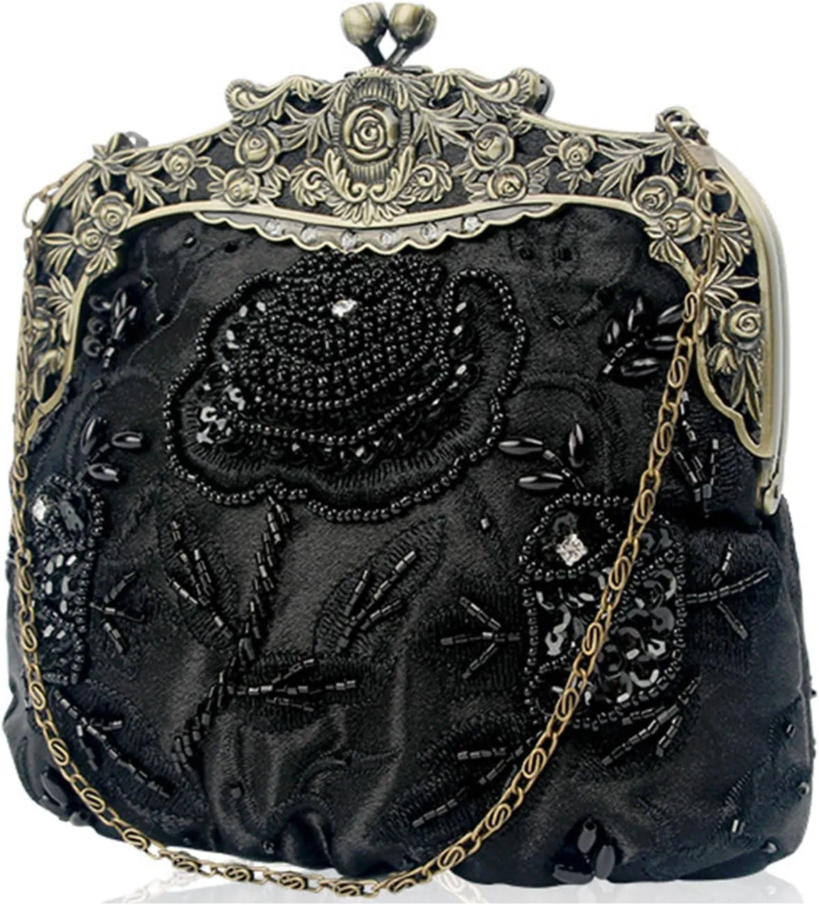 Women's Evening Vintage Beaded Sequin Flower Floral Embroidery Handbags Crossbody Bag for Bridal Wedding Party Prom