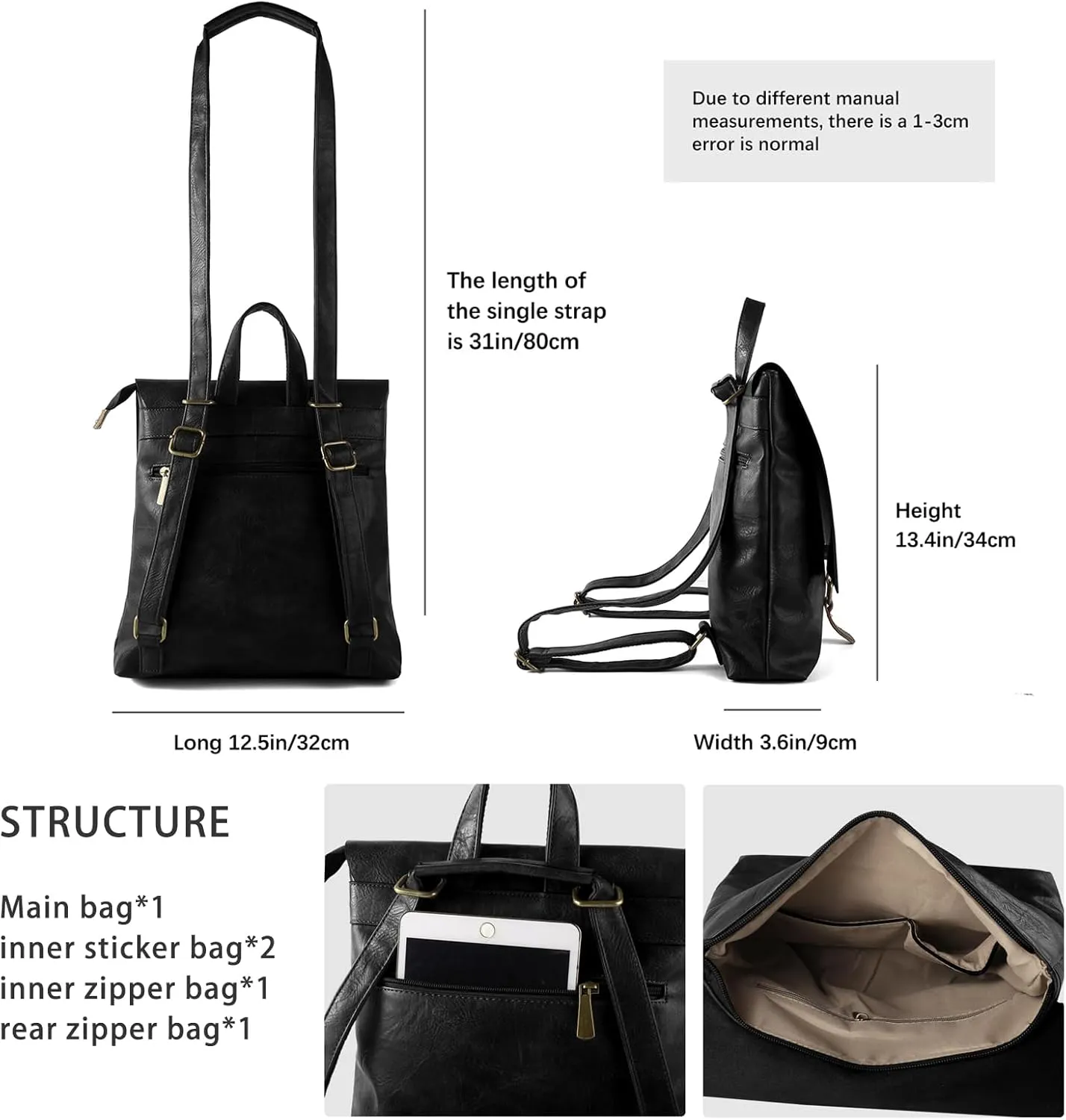 Women's Fashion Backpack Purse Multipurpose Design Convertible Satchel Handbags Shoulder Bag Travel bag (Black)