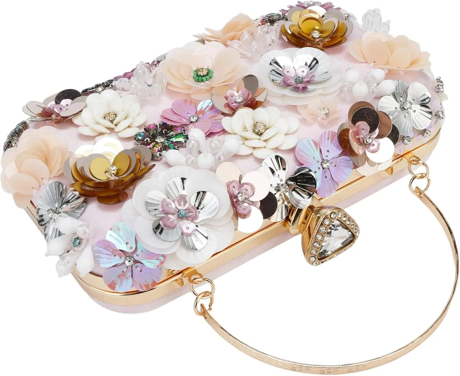 Women's Floral Evening Clutch Bag - Colorful Flower Handbag with Metal Rhinestones