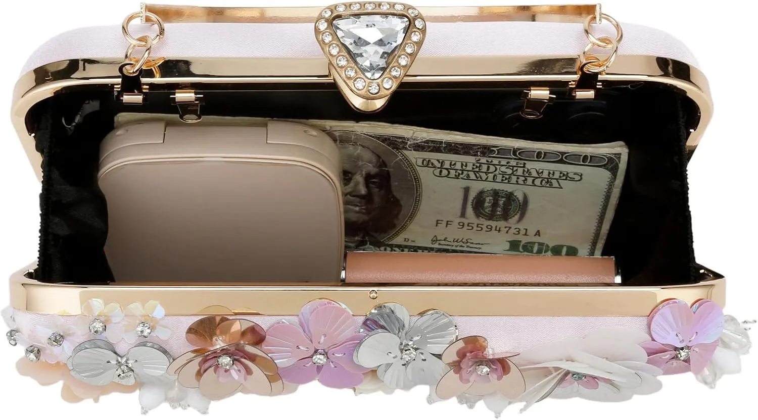Women's Floral Evening Clutch Bag - Colorful Flower Handbag with Metal Rhinestones