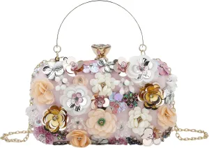 Women's Floral Evening Clutch Bag - Colorful Flower Handbag with Metal Rhinestones