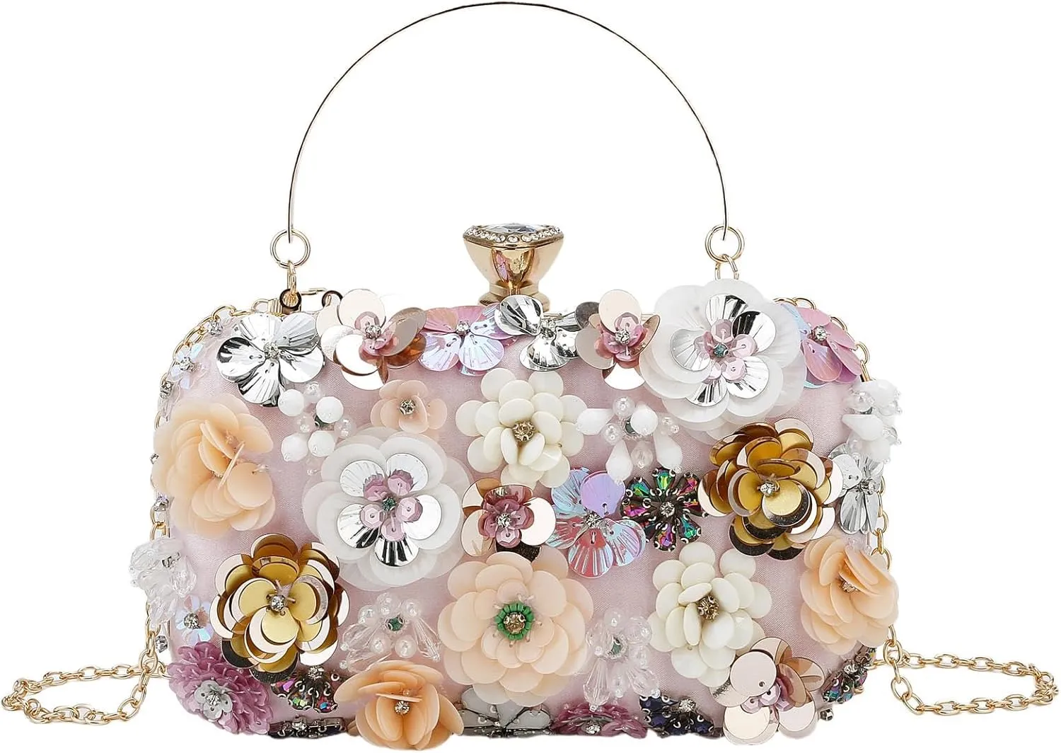 Women's Floral Evening Clutch Bag - Colorful Flower Handbag with Metal Rhinestones