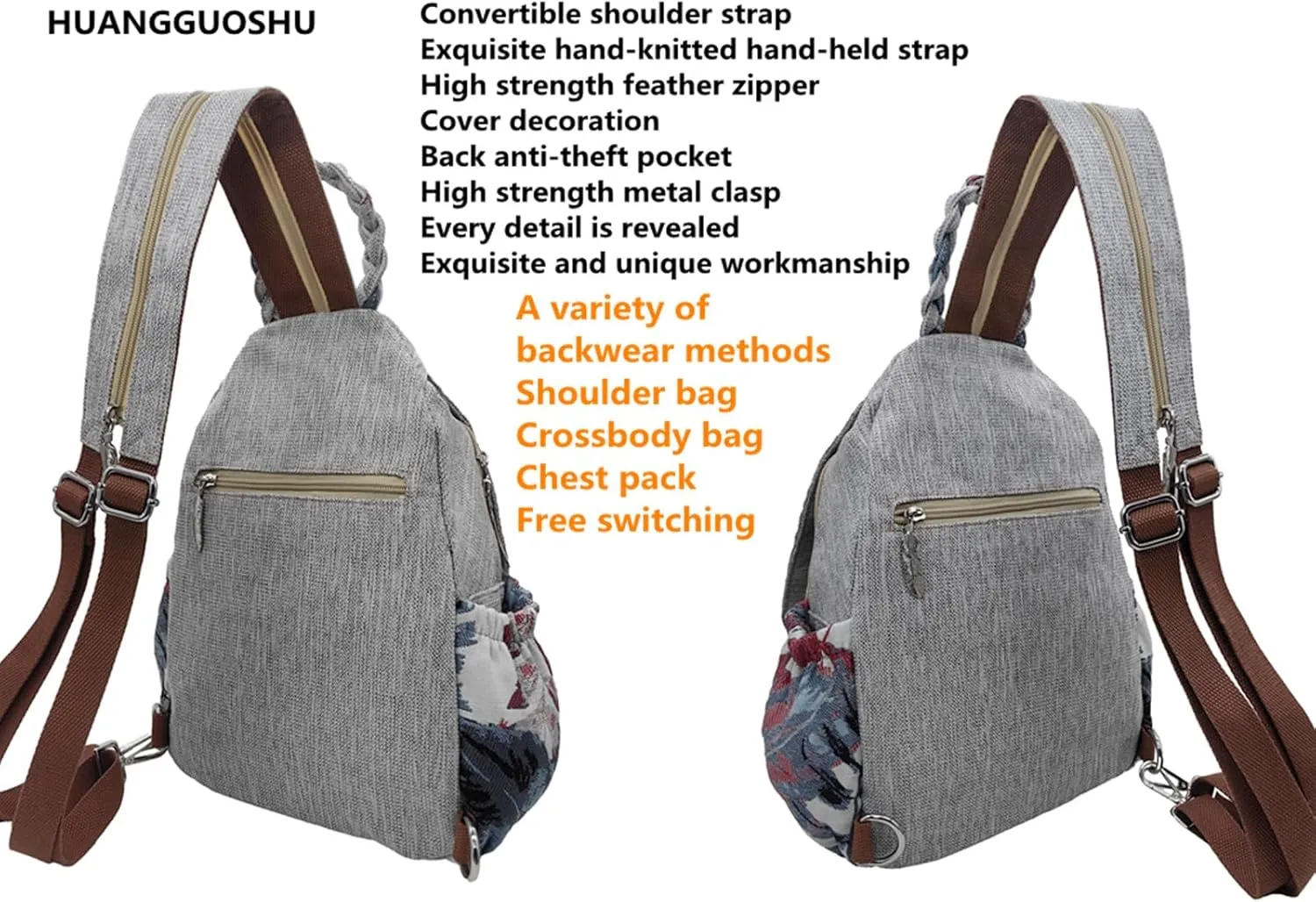 Womens Hippie Cotton Hemp Cloth Backpack Boho Vintage Embroidered Casual Purse