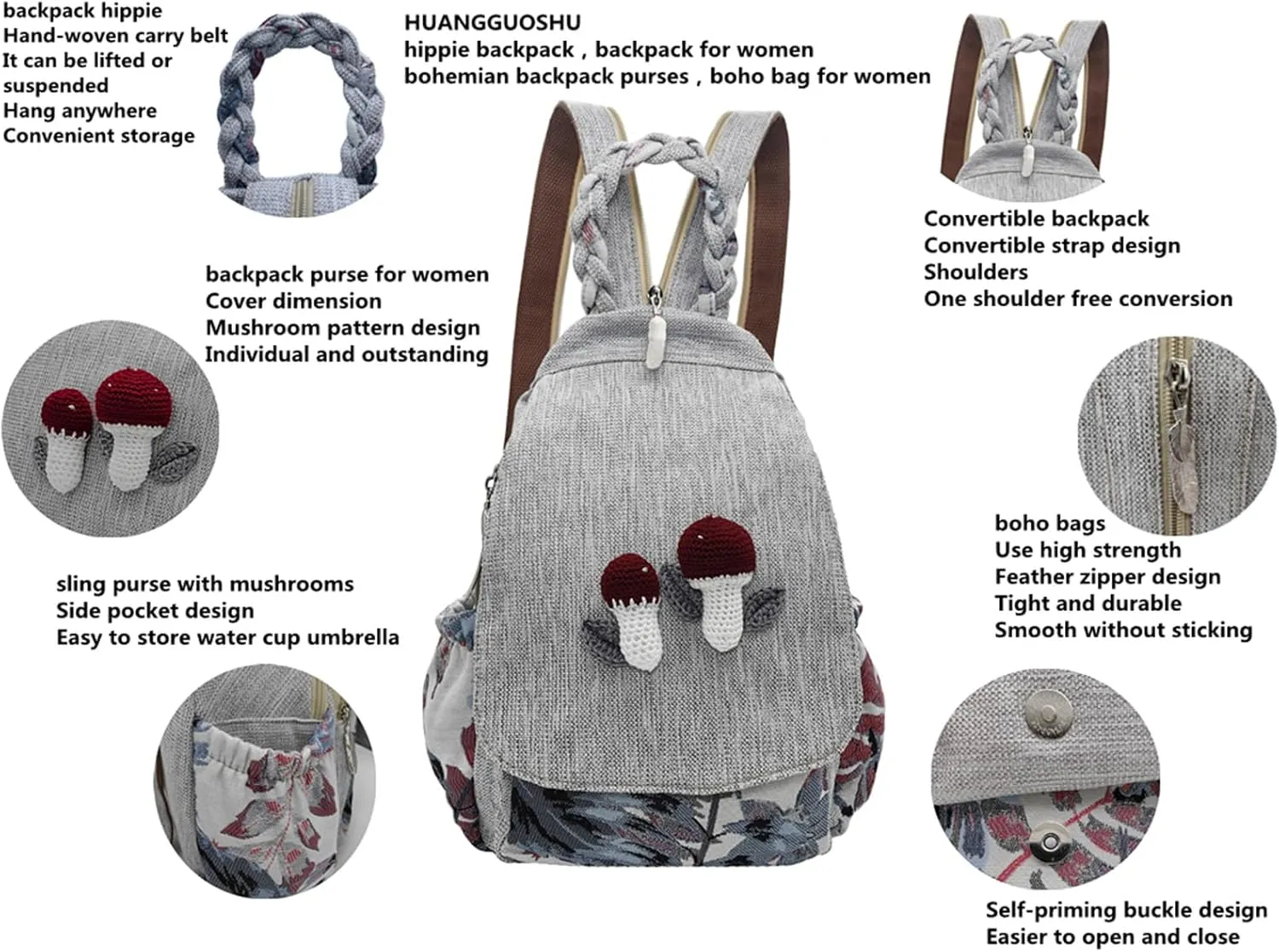 Womens Hippie Cotton Hemp Cloth Backpack Boho Vintage Embroidered Casual Purse