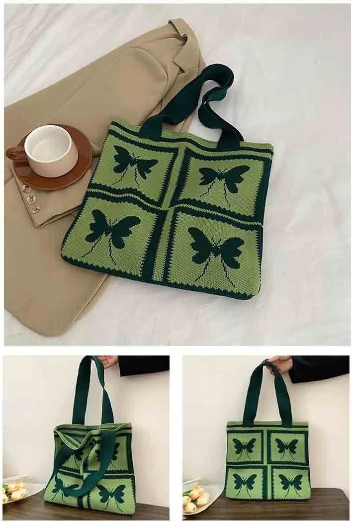 Women's knitted handbag, Butterfly shoulder bag, cute wool woven bag Crochet tote bag Hobo Bags