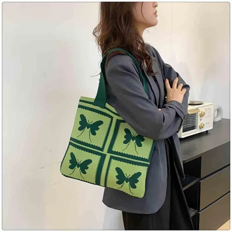 Women's knitted handbag, Butterfly shoulder bag, cute wool woven bag Crochet tote bag Hobo Bags