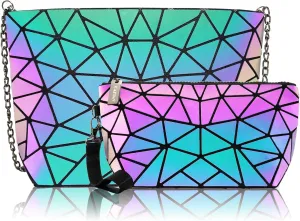 Women's Multicolor Geometric Holographic Crossbody Clutch Handbag Set-A
