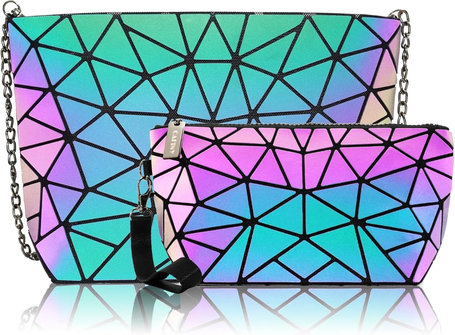 Women's Multicolor Geometric Holographic Crossbody Clutch Handbag Set-A