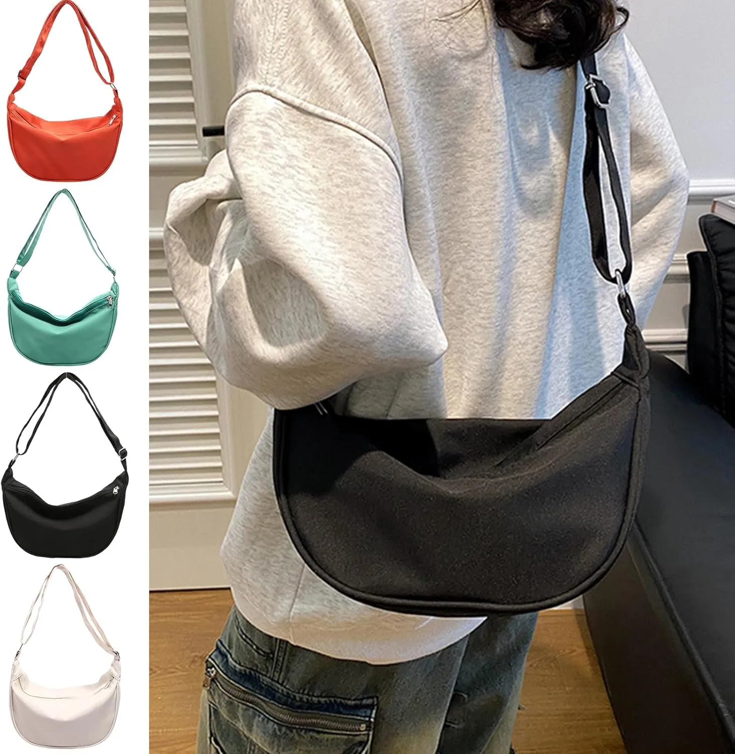 Women's Nylon Crossbody Bag Large Capacity Shoulder Bags Sling Purse Crescent Bag with Adjustable Strap