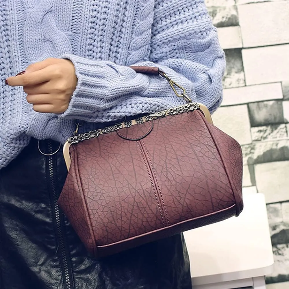 Women's Retro Handbag Kiss Lock Shoulder Purse PU Leather Tote Satchel with Lace