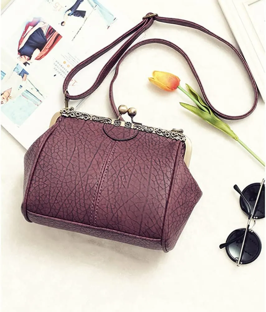 Women's Retro Handbag Kiss Lock Shoulder Purse PU Leather Tote Satchel with Lace